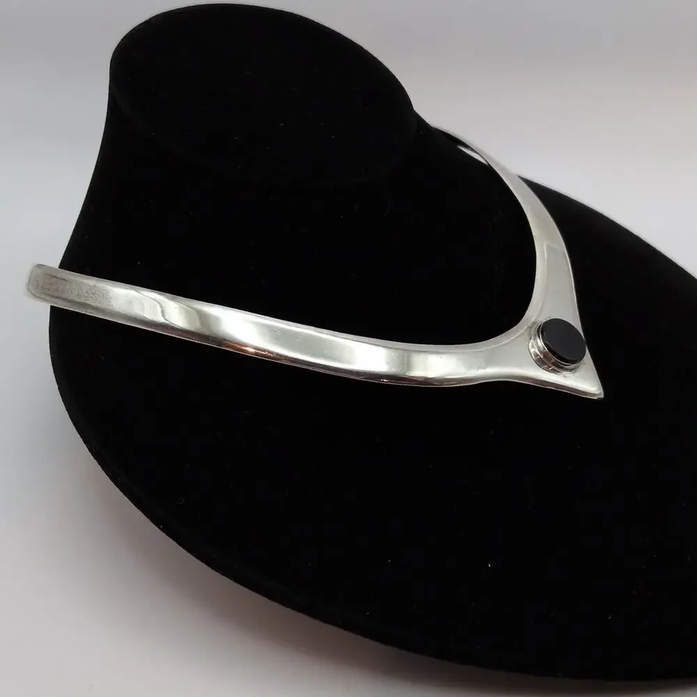 Vintage Taxco Mexico Sterling Silver 925 Onyx Pointed Collar Necklace 54g - Picture 3 of 8